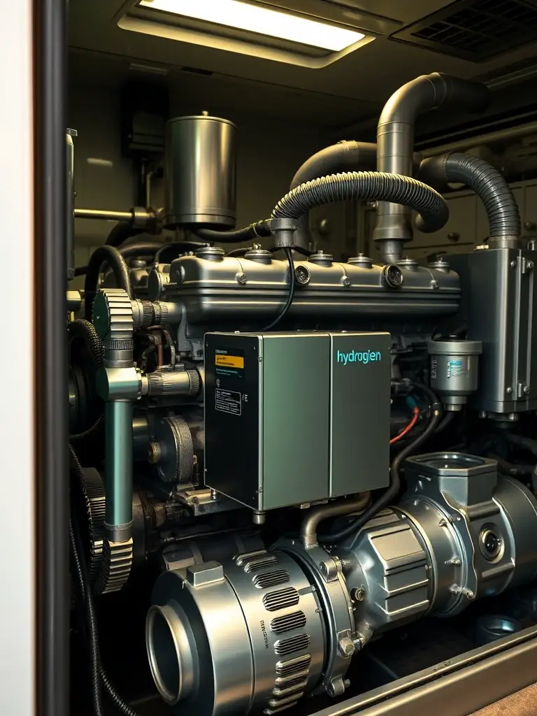 A close-up shot of a diesel engine with the Hydrogien system installed, highlighting the fuel lines and hydrogen generator, emphasizing the reduction in fuel consumption.